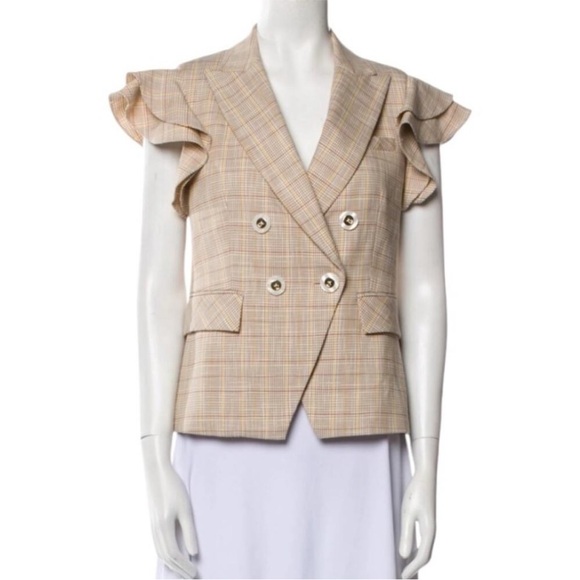 $595 Veronica Beard Janae Plaid Ruffle Blazer Jacket Button Up Khaki Multi Sz 00 - Picture 12 of 14